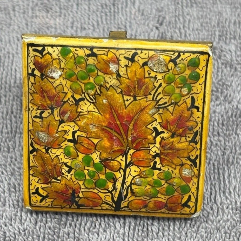 Vtg Folding Vanity Mirror Autumn‎ Leaves Hand Painted Brass Travel Makeup Mirror